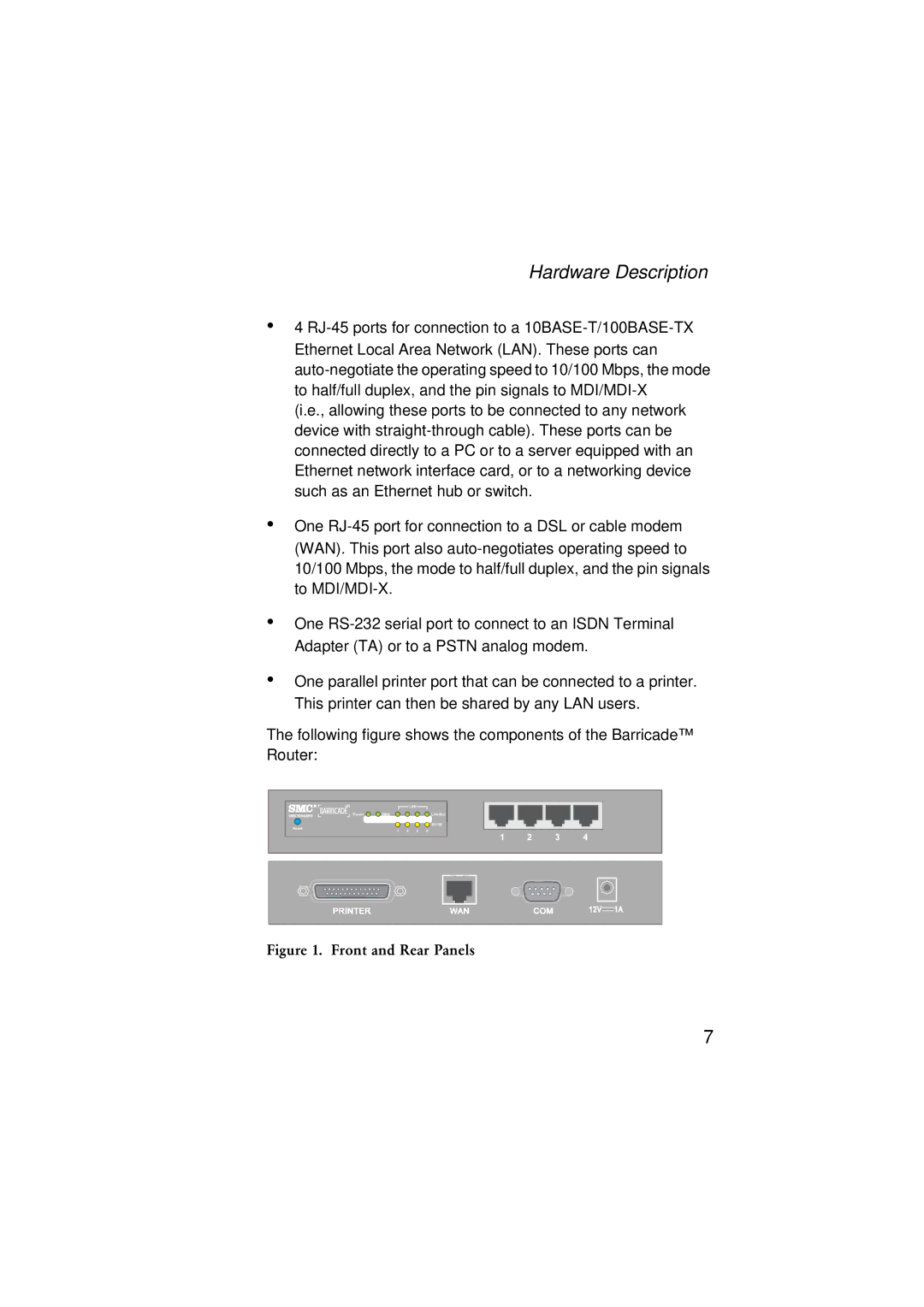 SMC Networks SMC7004ABR V.2 manual Hardware Description, Front and Rear Panels 