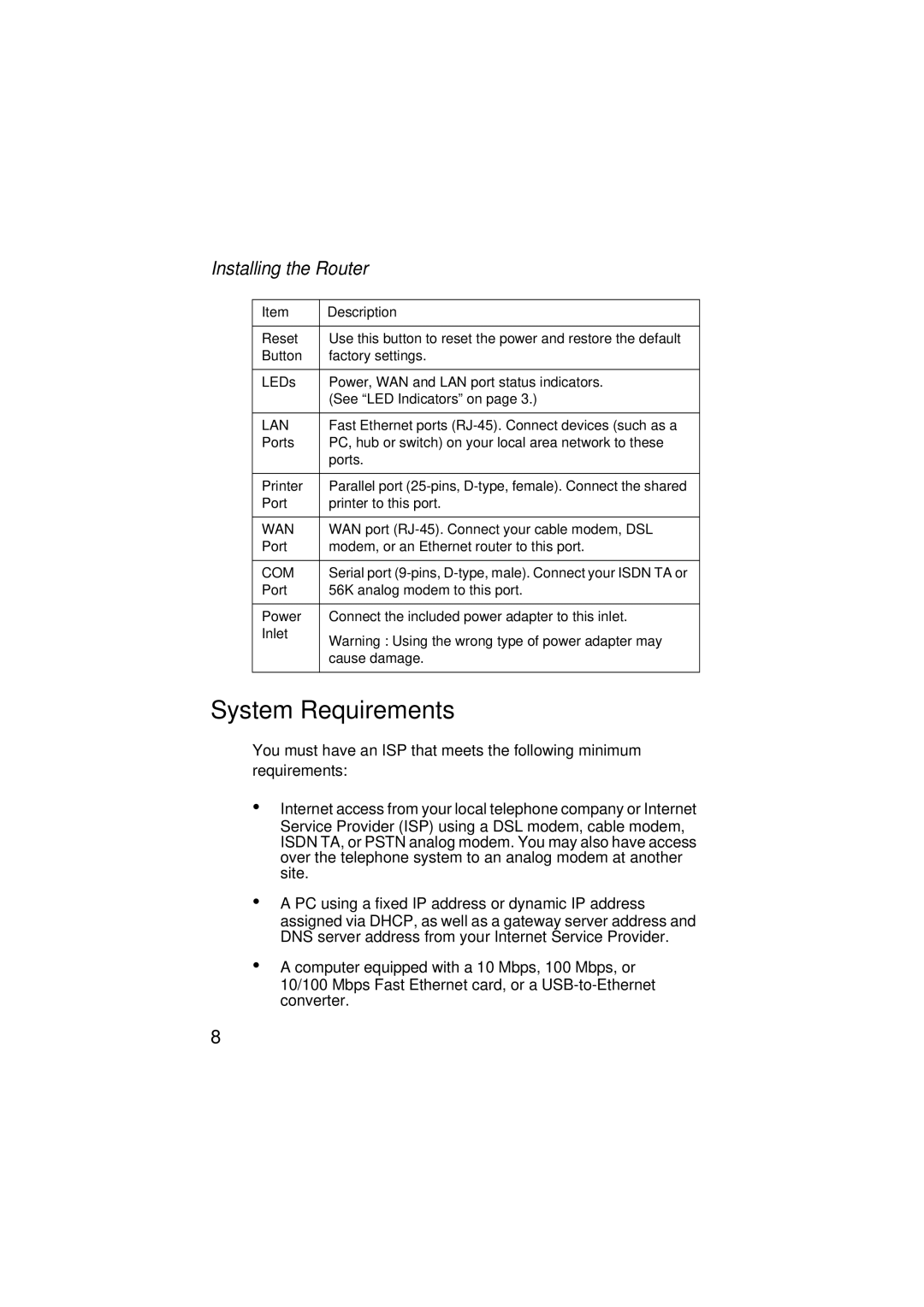 SMC Networks SMC7004ABR V.2 manual System Requirements, Lan 