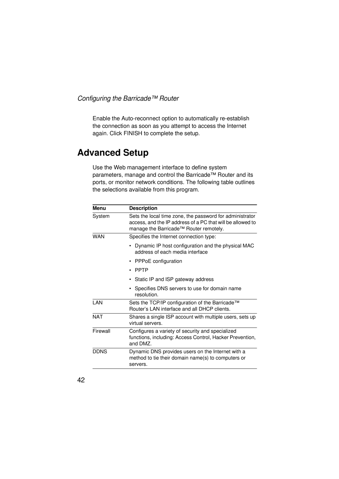 SMC Networks SMC7004ABR V.2 manual Advanced Setup, Menu Description 