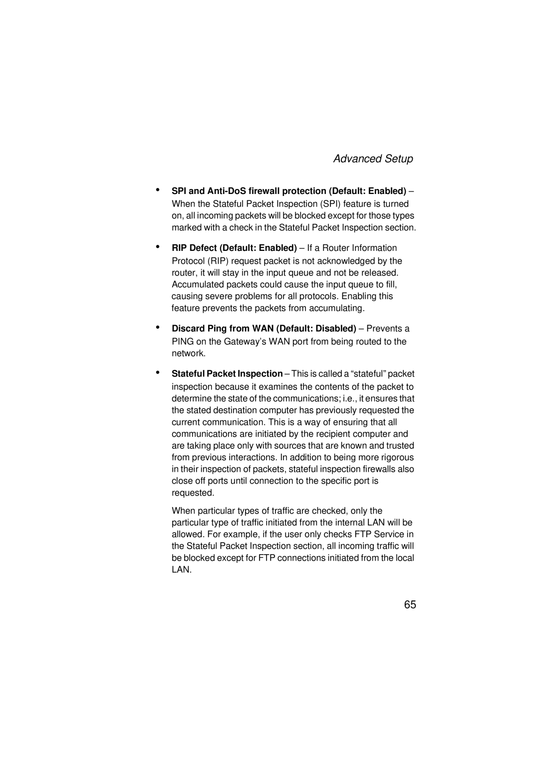 SMC Networks SMC7004ABR V.2 manual SPI and Anti-DoS firewall protection Default Enabled 