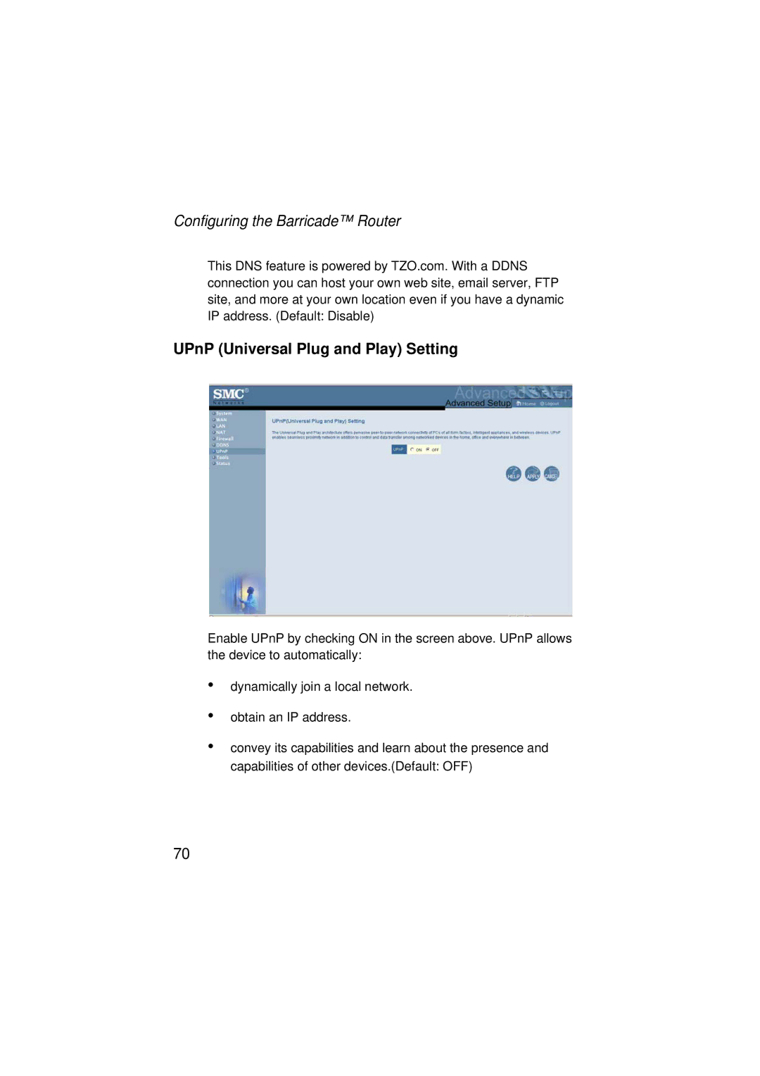 SMC Networks SMC7004ABR V.2 manual UPnP Universal Plug and Play Setting 