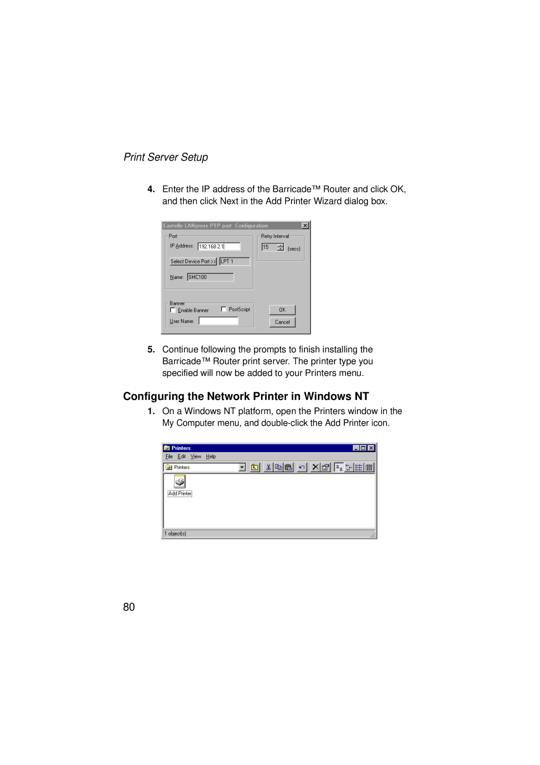 SMC Networks SMC7004ABR V.2 manual Configuring the Network Printer in Windows NT 