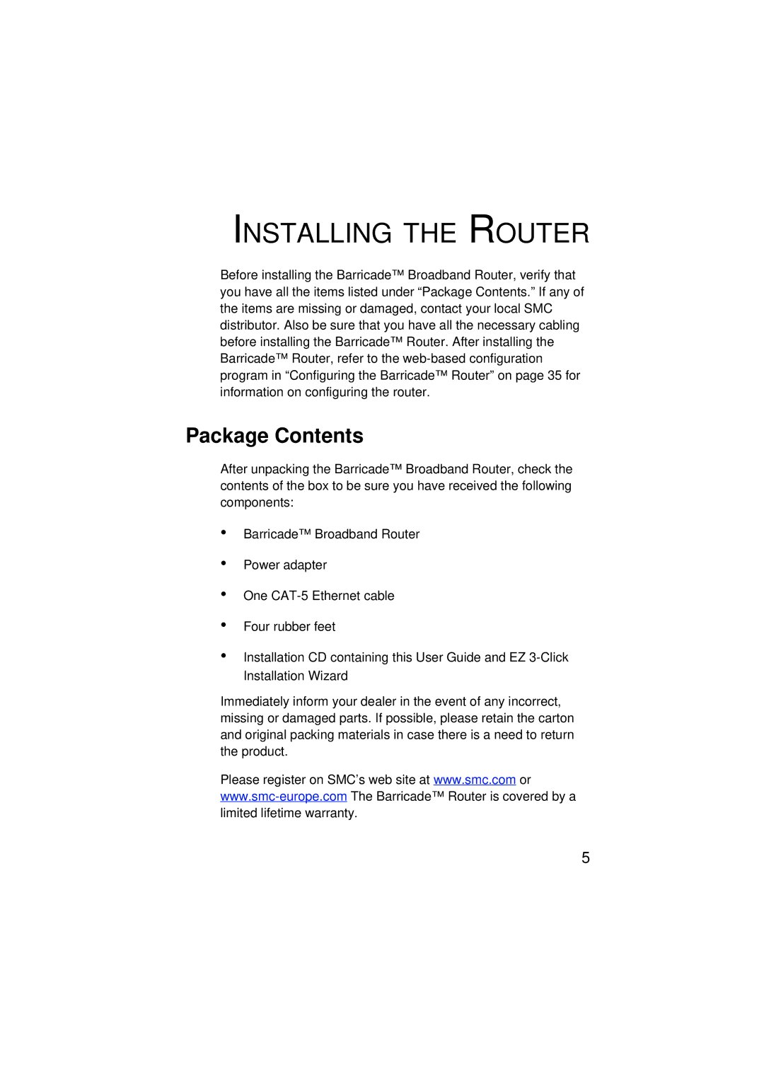 SMC Networks SMC7004ABR V.2 manual Installing the Router, Package Contents 