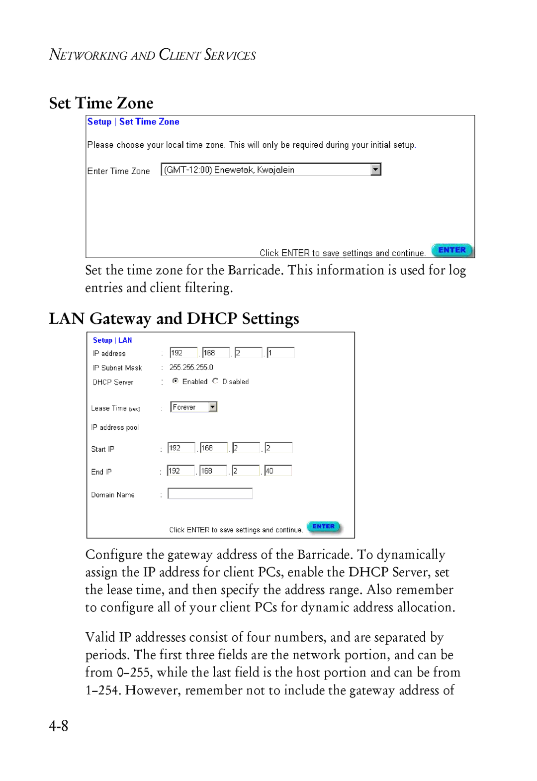 SMC Networks SMC7004ABR manual Set Time Zone, LAN Gateway and Dhcp Settings 