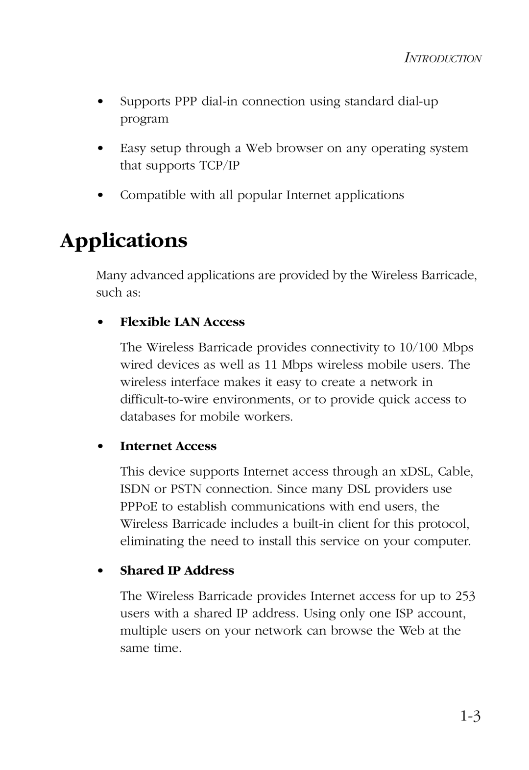 SMC Networks SMC7004AWBR manual Applications, Flexible LAN Access, Internet Access, Shared IP Address 