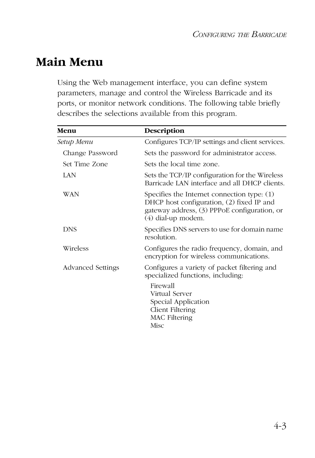 SMC Networks SMC7004AWBR manual Main Menu, Menu Description 