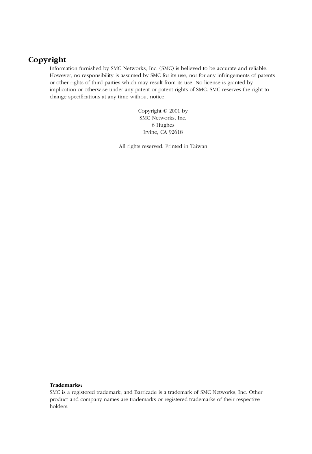 SMC Networks SMC7004AWBR manual Copyright, Trademarks 