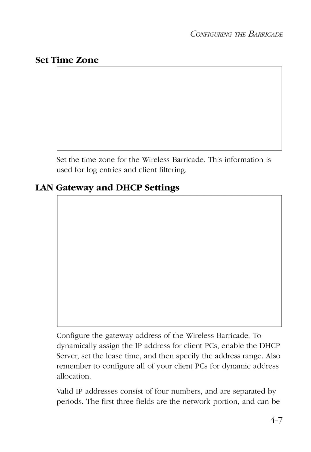 SMC Networks SMC7004AWBR manual Set Time Zone, LAN Gateway and Dhcp Settings 