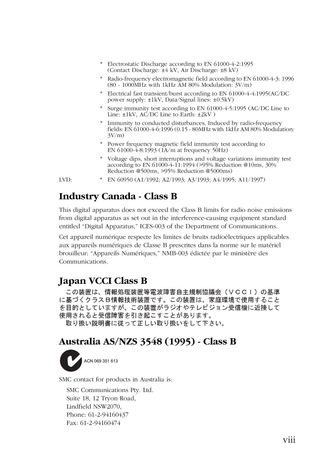 SMC Networks SMC7004AWBR manual Industry Canada Class B, Japan Vcci Class B Australia AS/NZS 3548 1995 Class B 