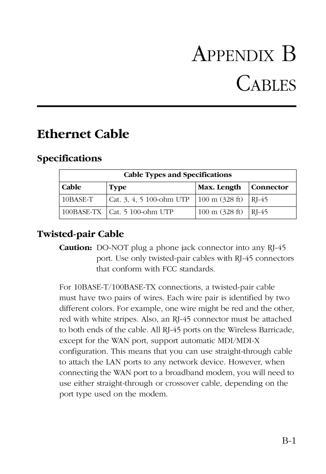 SMC Networks SMC7004AWBR manual Ethernet Cable, Specifications, Twisted-pair Cable 