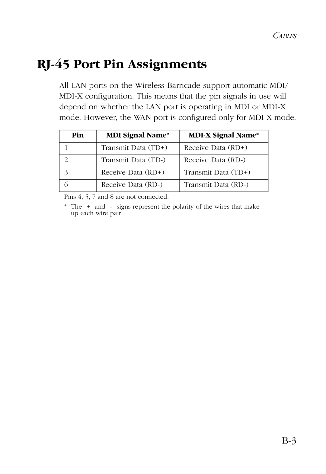 SMC Networks SMC7004AWBR manual RJ-45 Port Pin Assignments, Pin MDI Signal Name MDI-X Signal Name 