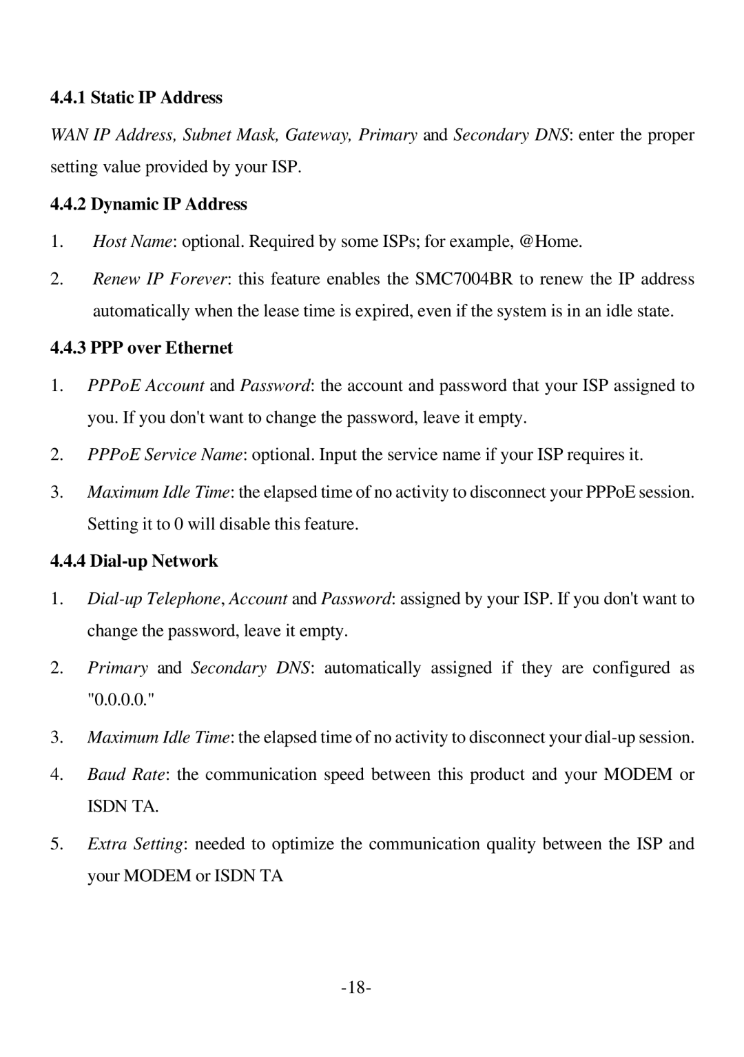 SMC Networks SMC7004BR specifications Static IP Address 