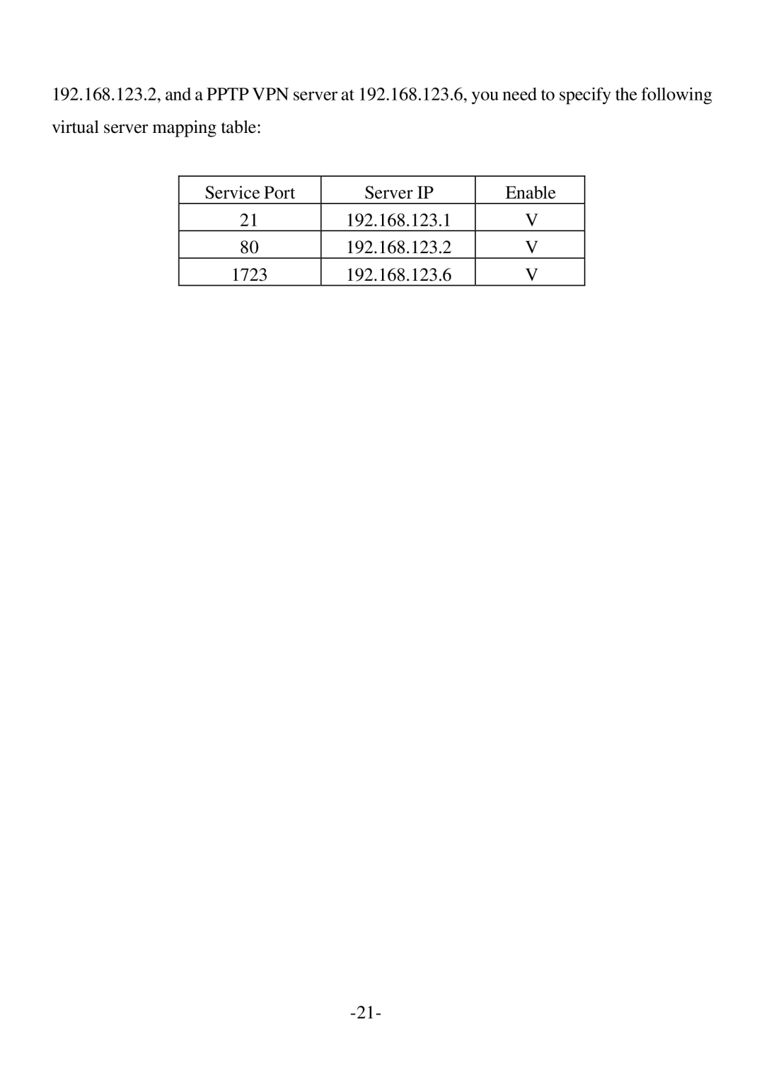 SMC Networks SMC7004BR specifications Virtual server mapping table Service Port Server IP Enable 