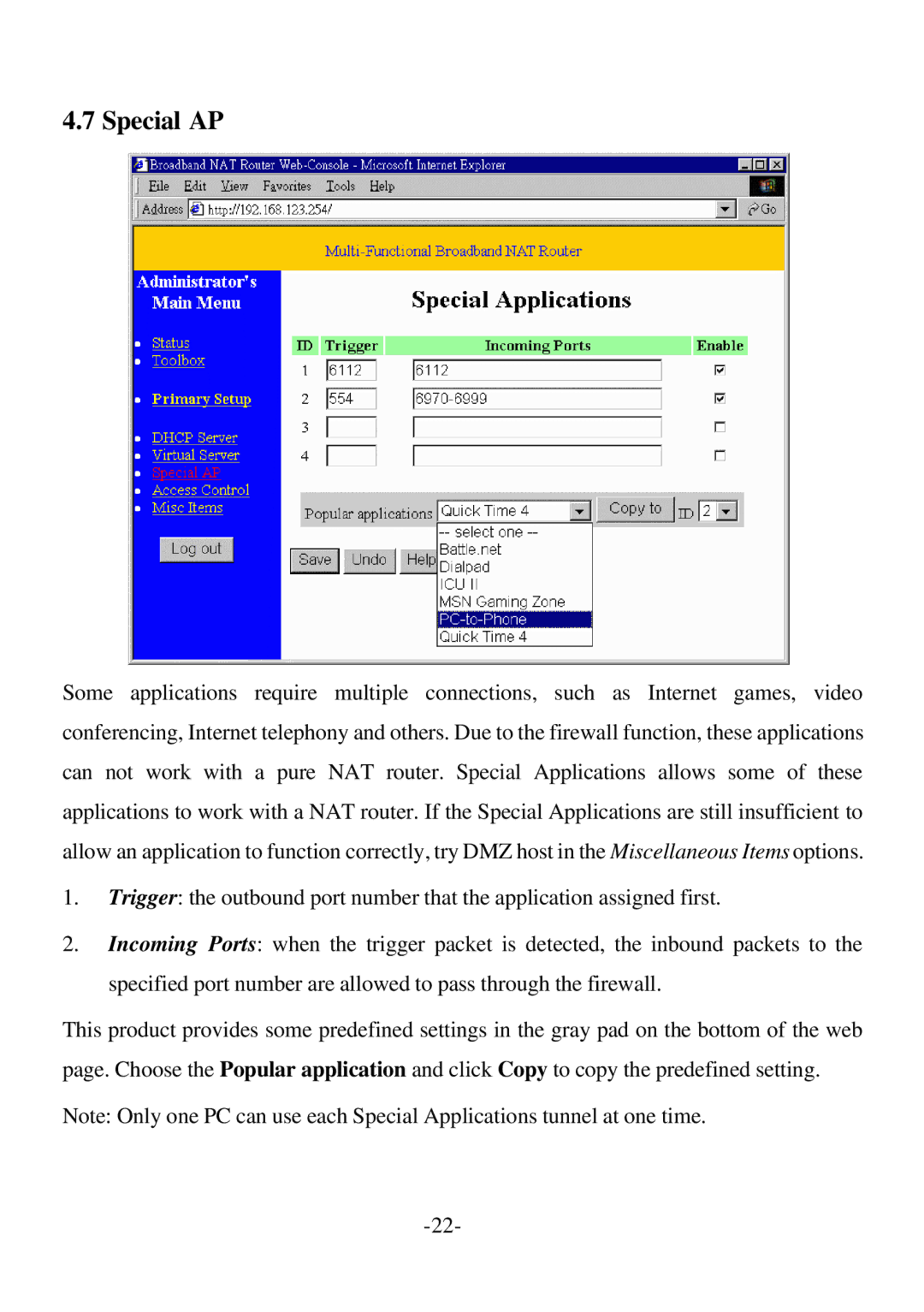 SMC Networks SMC7004BR specifications Special AP 