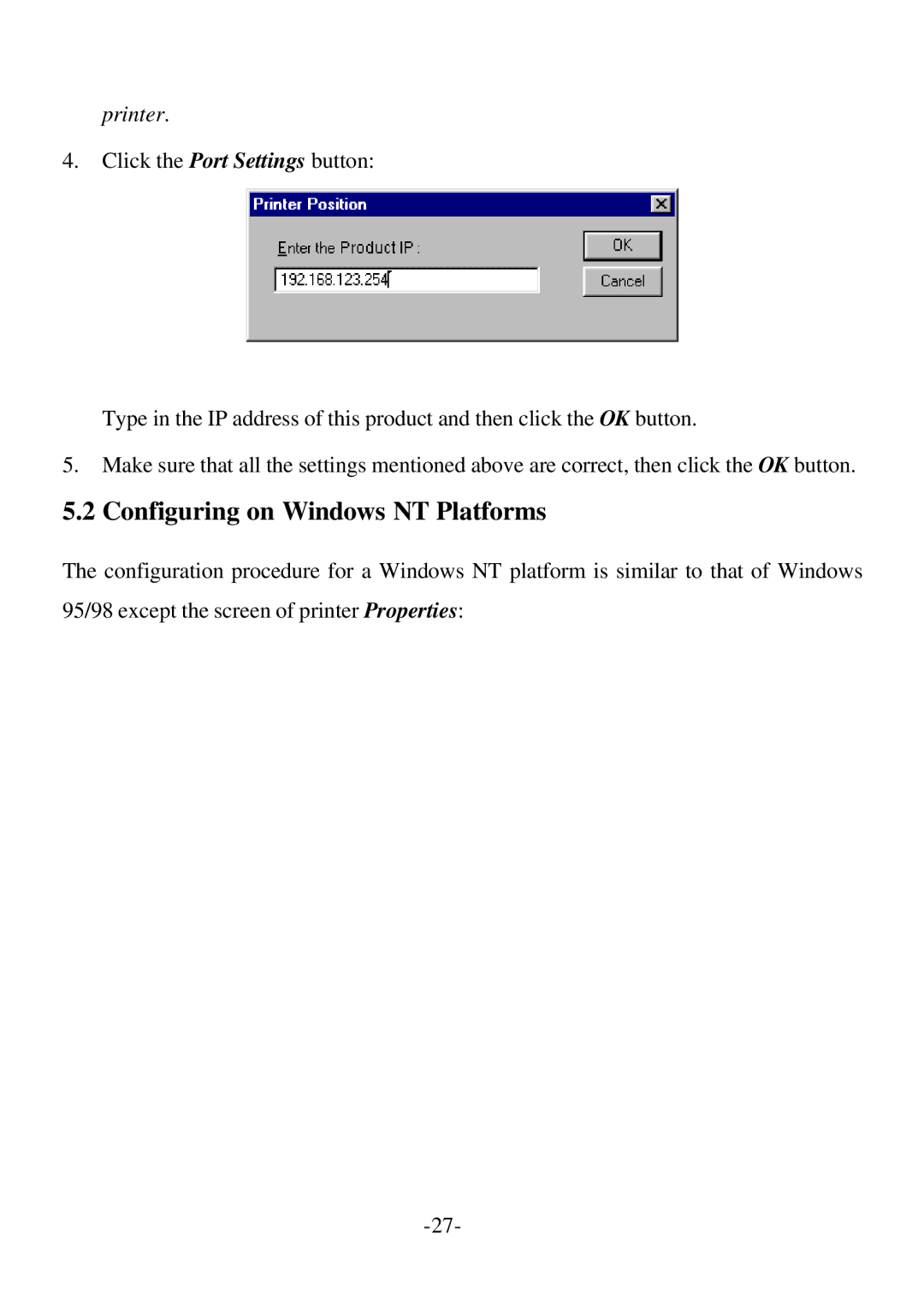 SMC Networks SMC7004BR specifications Configuring on Windows NT Platforms, Printer 