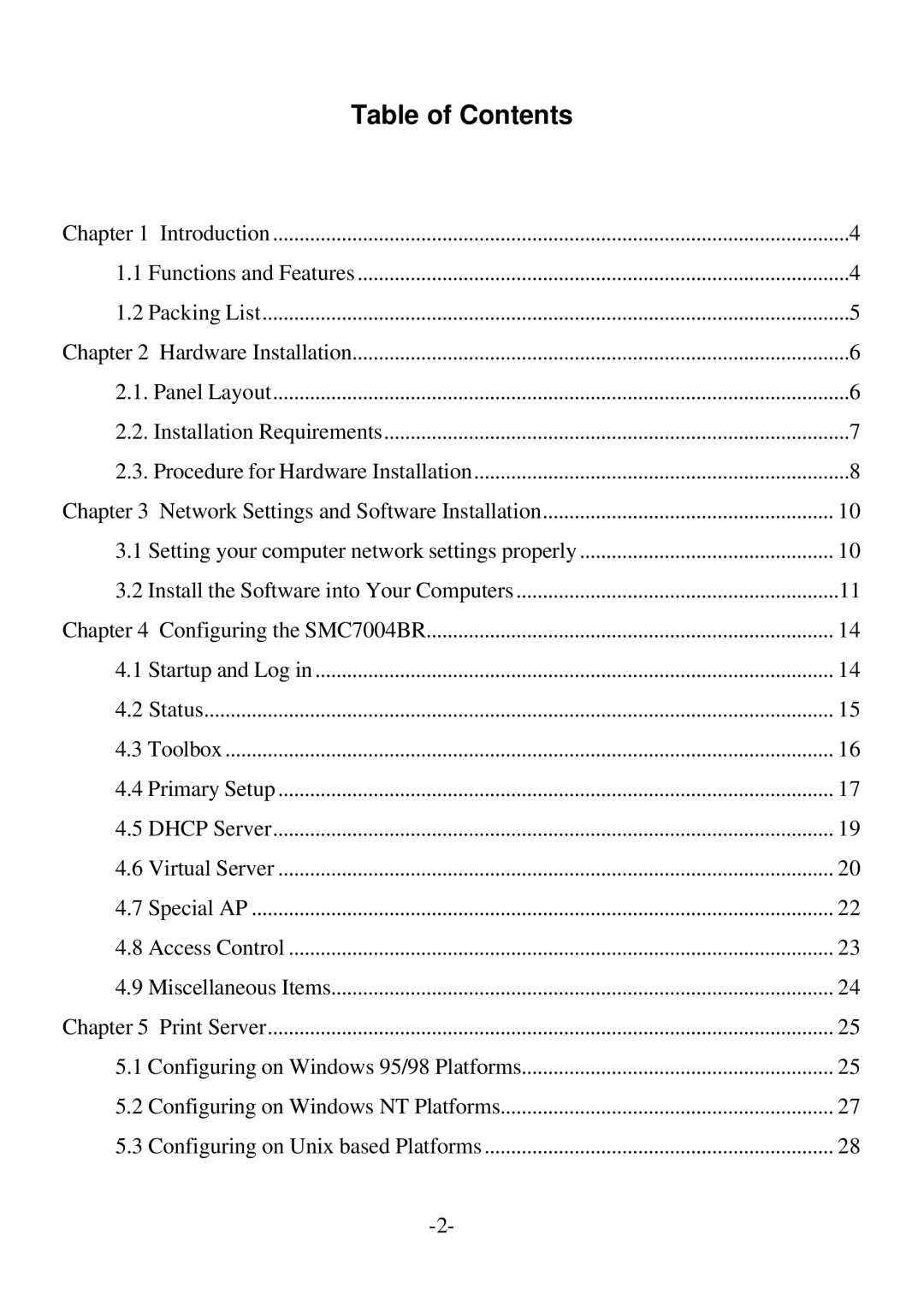 SMC Networks SMC7004BR specifications Table of Contents 