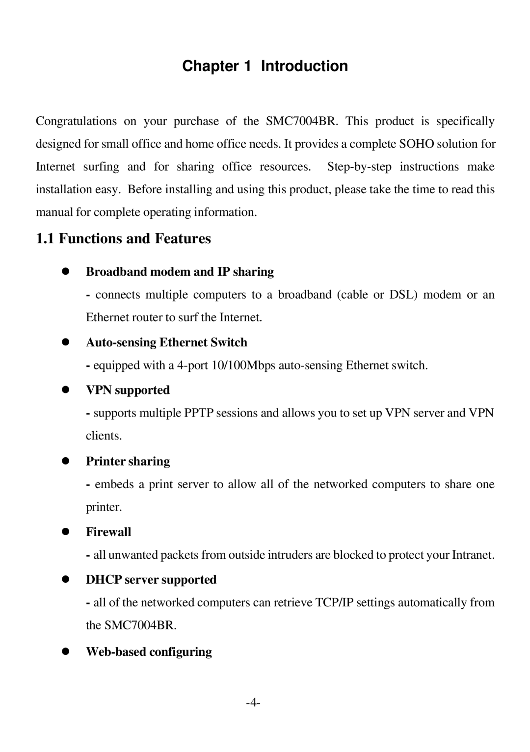 SMC Networks SMC7004BR specifications Introduction, Functions and Features 