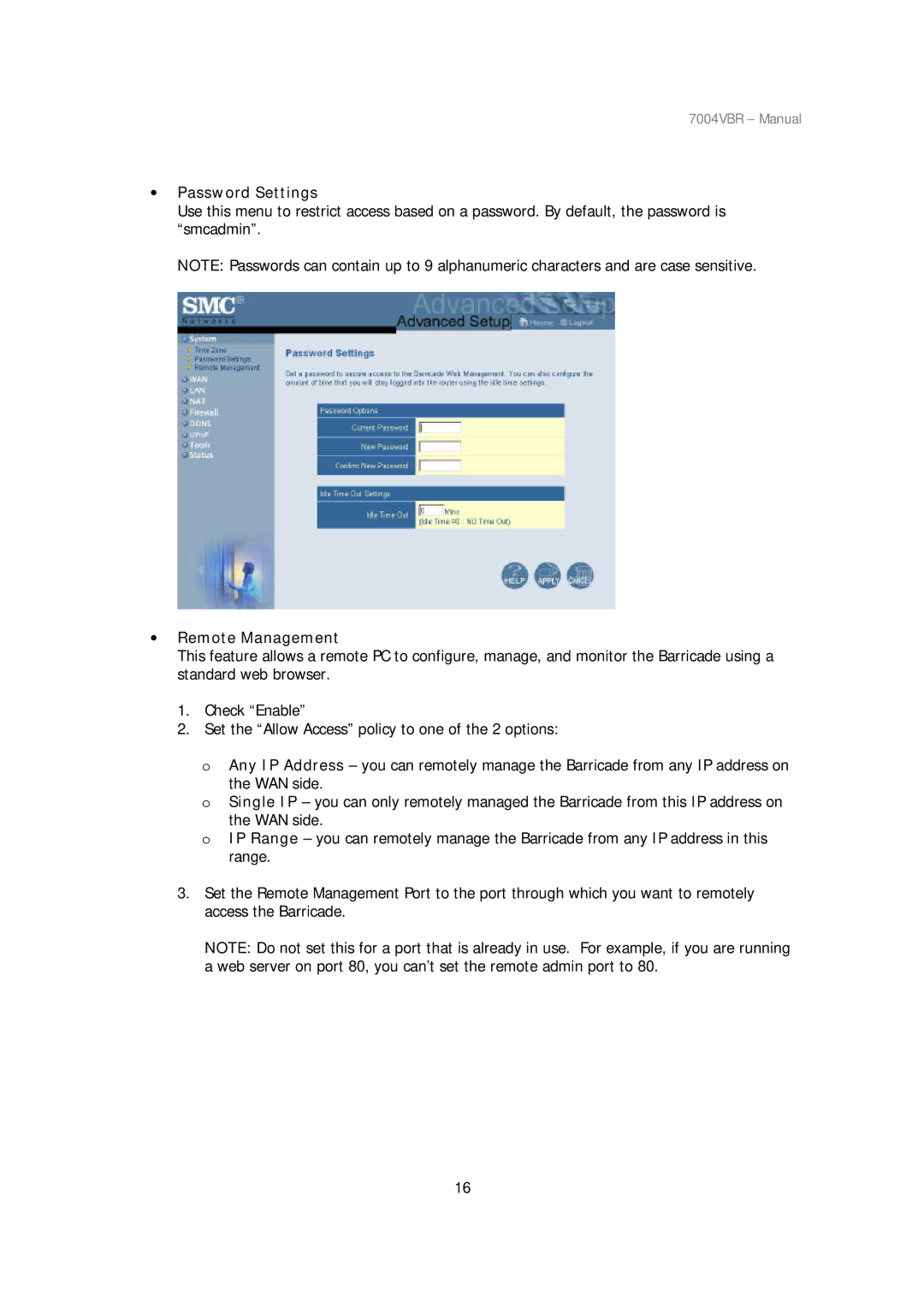 SMC Networks SMC7004VBR manual ∙ Password Settings, ∙ Remote Management 