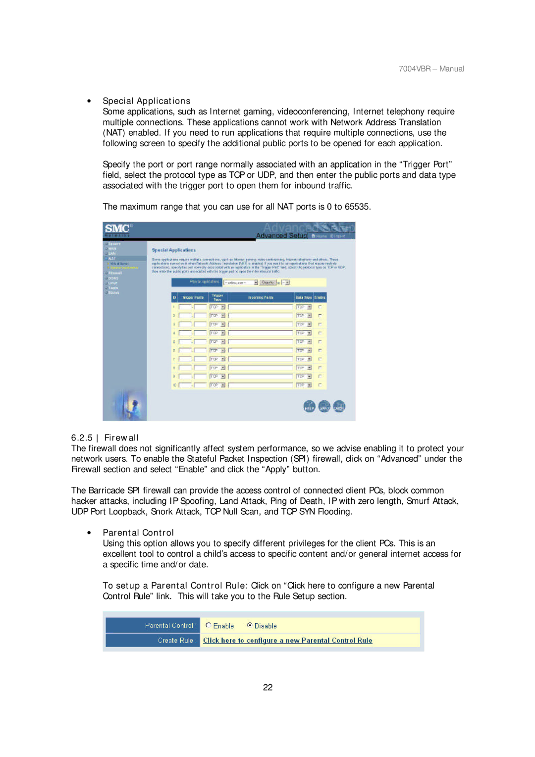 SMC Networks SMC7004VBR manual ∙ Special Applications, Firewall, ∙ Parental Control 