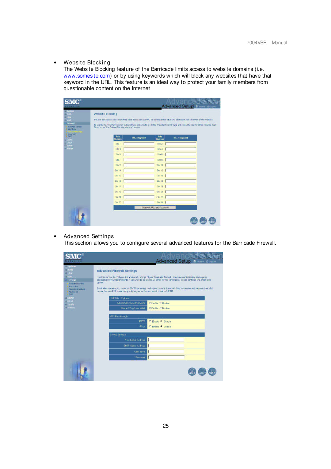 SMC Networks SMC7004VBR manual ∙ Website Blocking ∙ Advanced Settings 