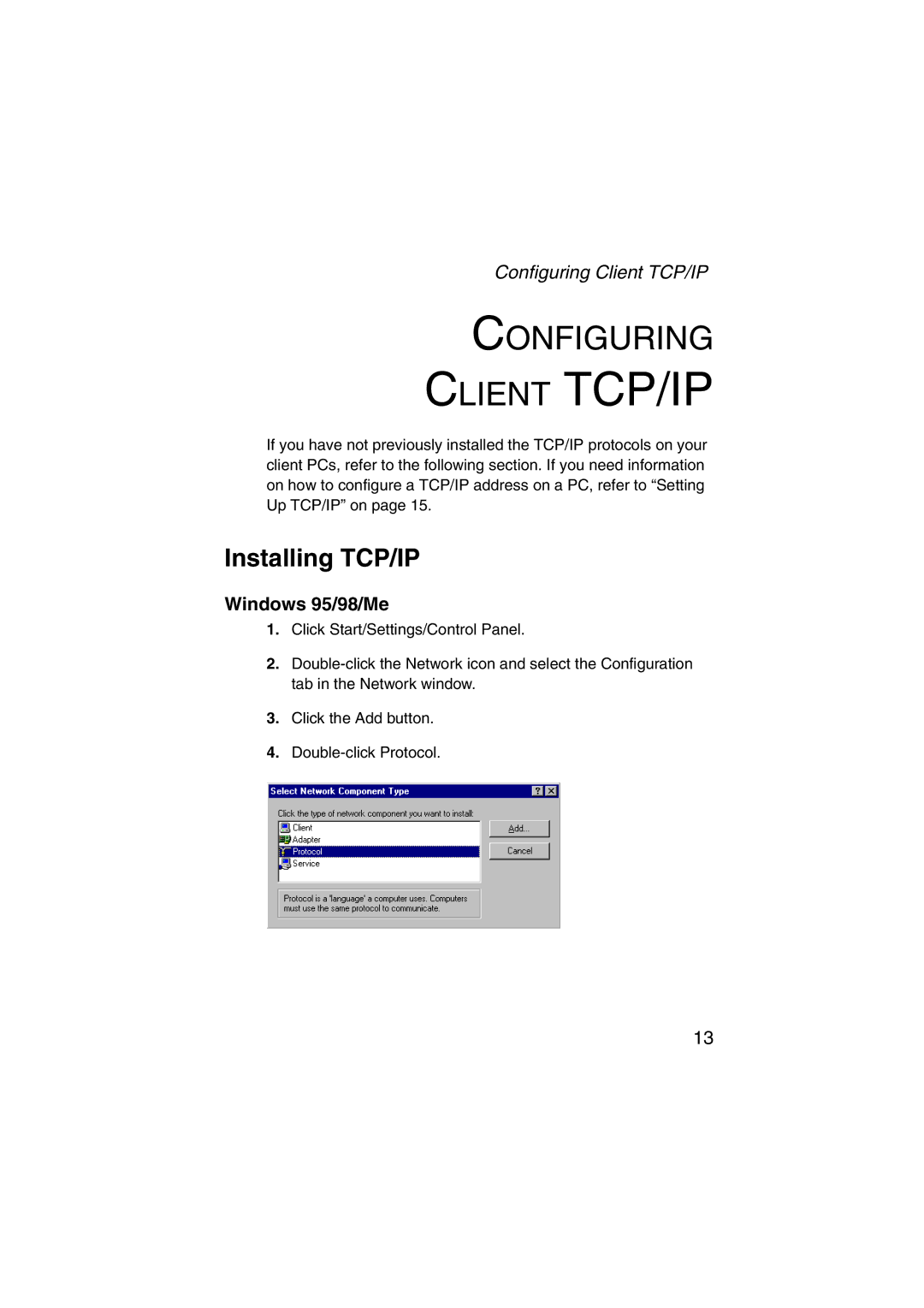 SMC Networks SMC7004VWBR V.2 manual Installing TCP/IP, Windows 95/98/Me 