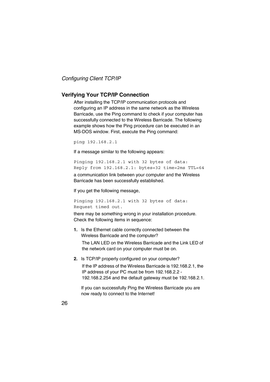 SMC Networks SMC7004VWBR V.2 manual Verifying Your TCP/IP Connection 