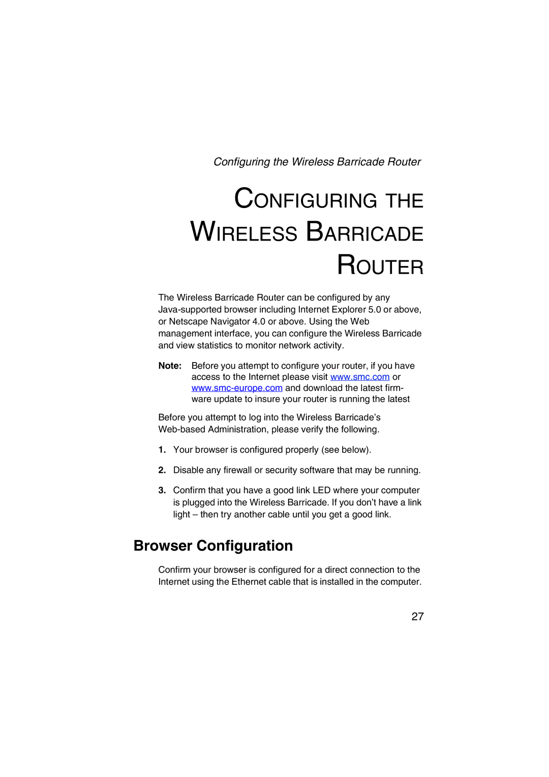 SMC Networks SMC7004VWBR V.2 manual Configuring Wireless Barricade Router, Browser Configuration 