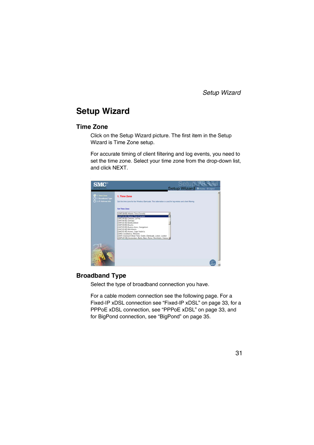 SMC Networks SMC7004VWBR V.2 manual Setup Wizard, Time Zone, Broadband Type 