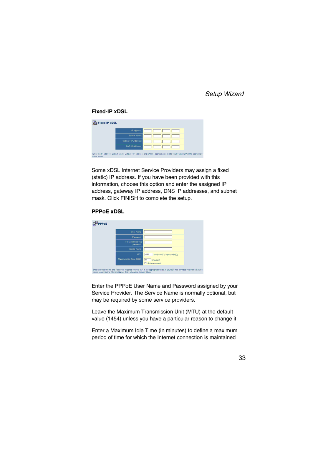 SMC Networks SMC7004VWBR V.2 manual Fixed-IP xDSL, PPPoE xDSL 