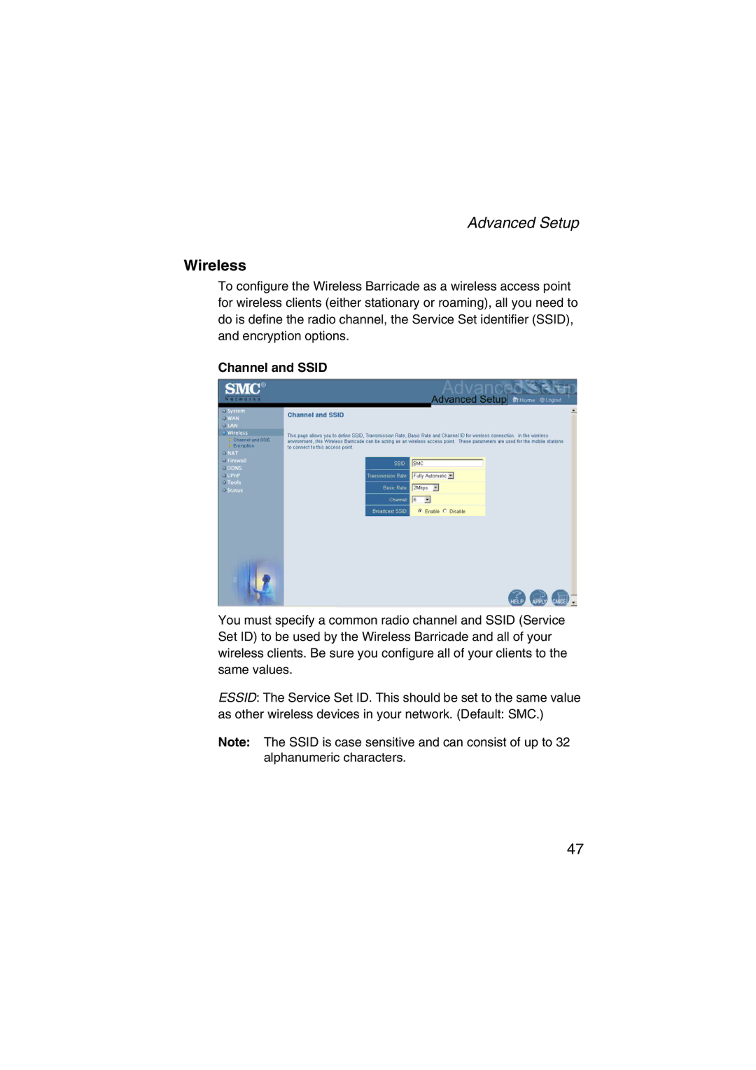 SMC Networks SMC7004VWBR V.2 manual Wireless, Channel and Ssid 