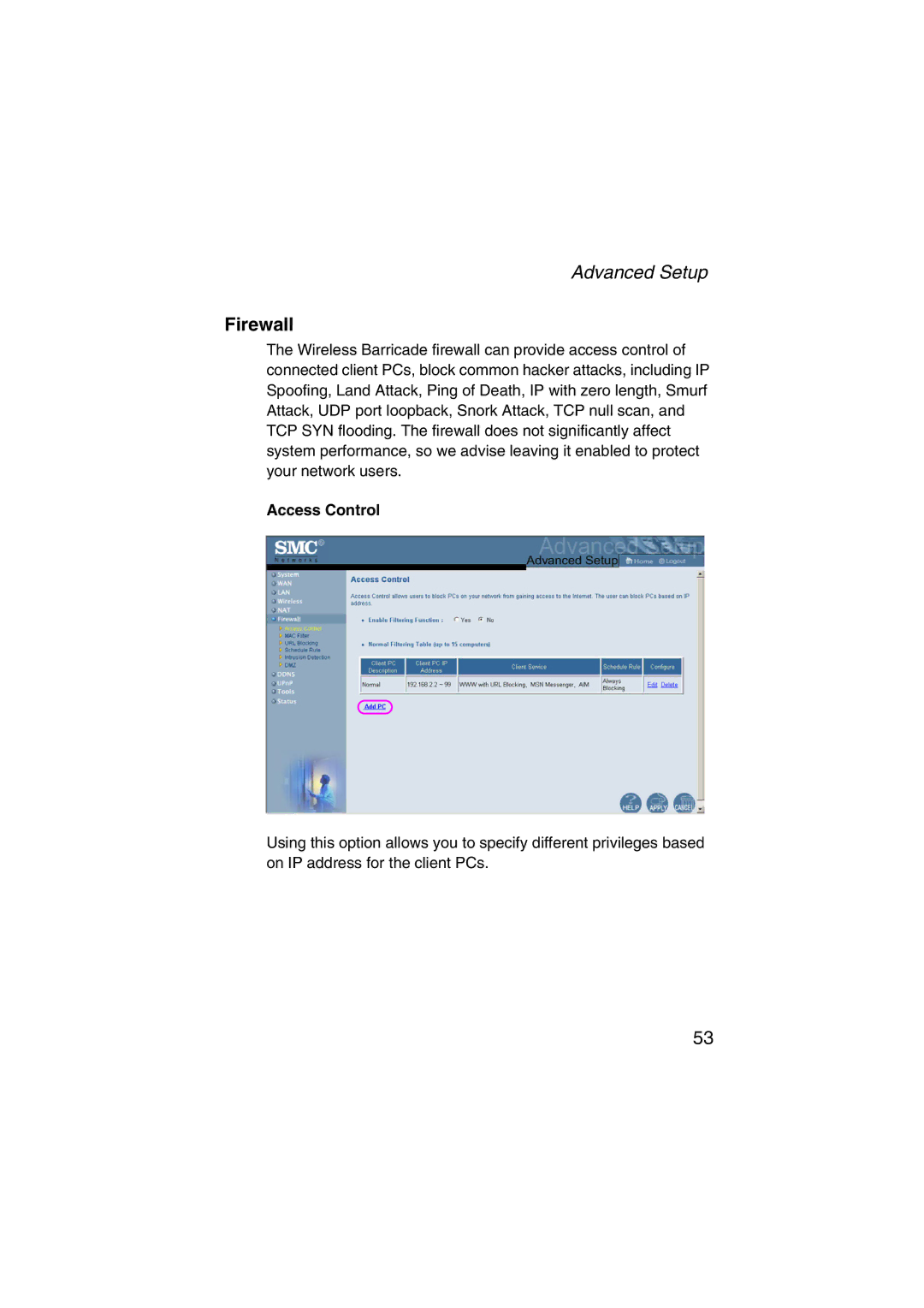 SMC Networks SMC7004VWBR V.2 manual Firewall, Access Control 