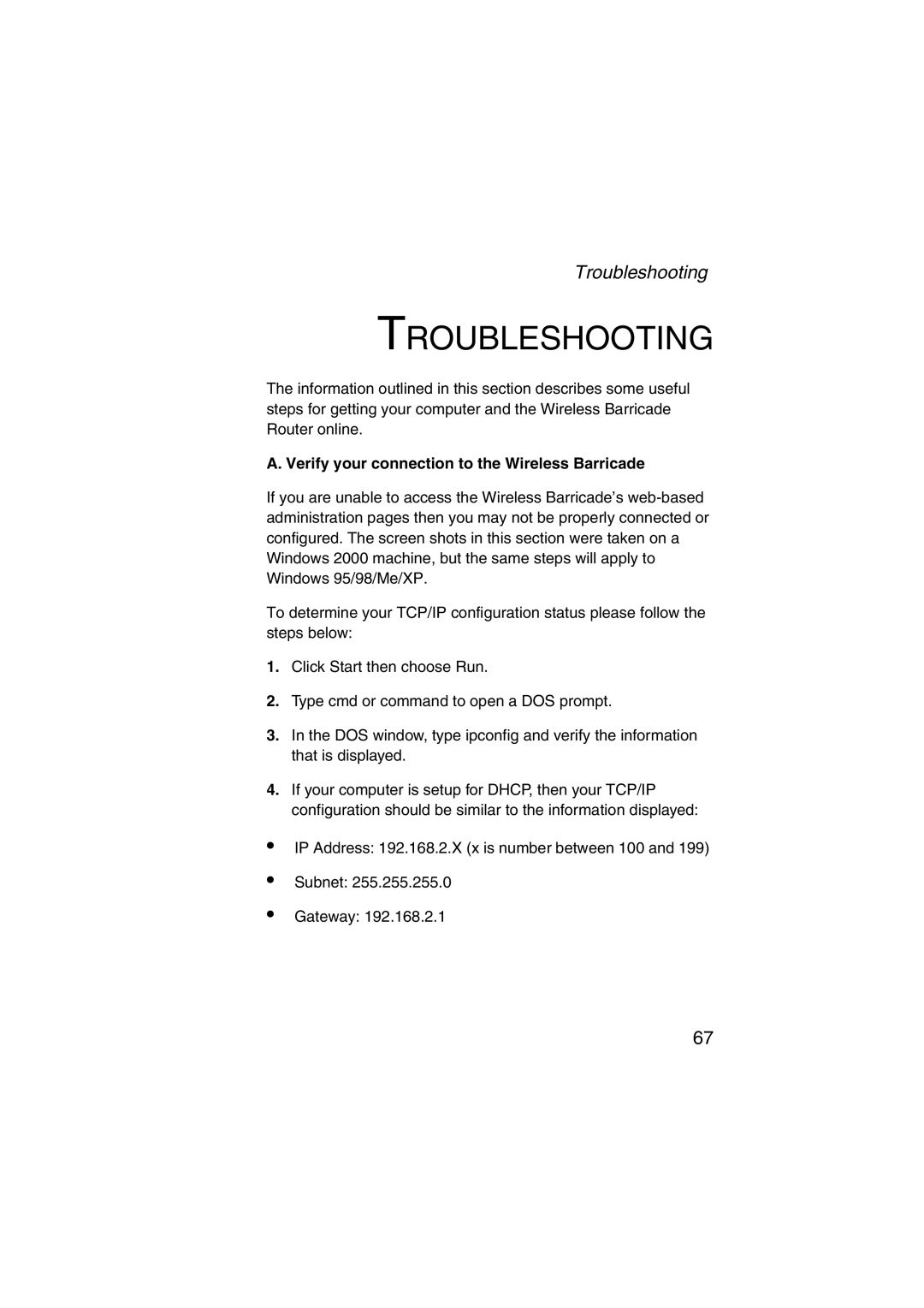 SMC Networks SMC7004VWBR V.2 manual Troubleshooting, Verify your connection to the Wireless Barricade 