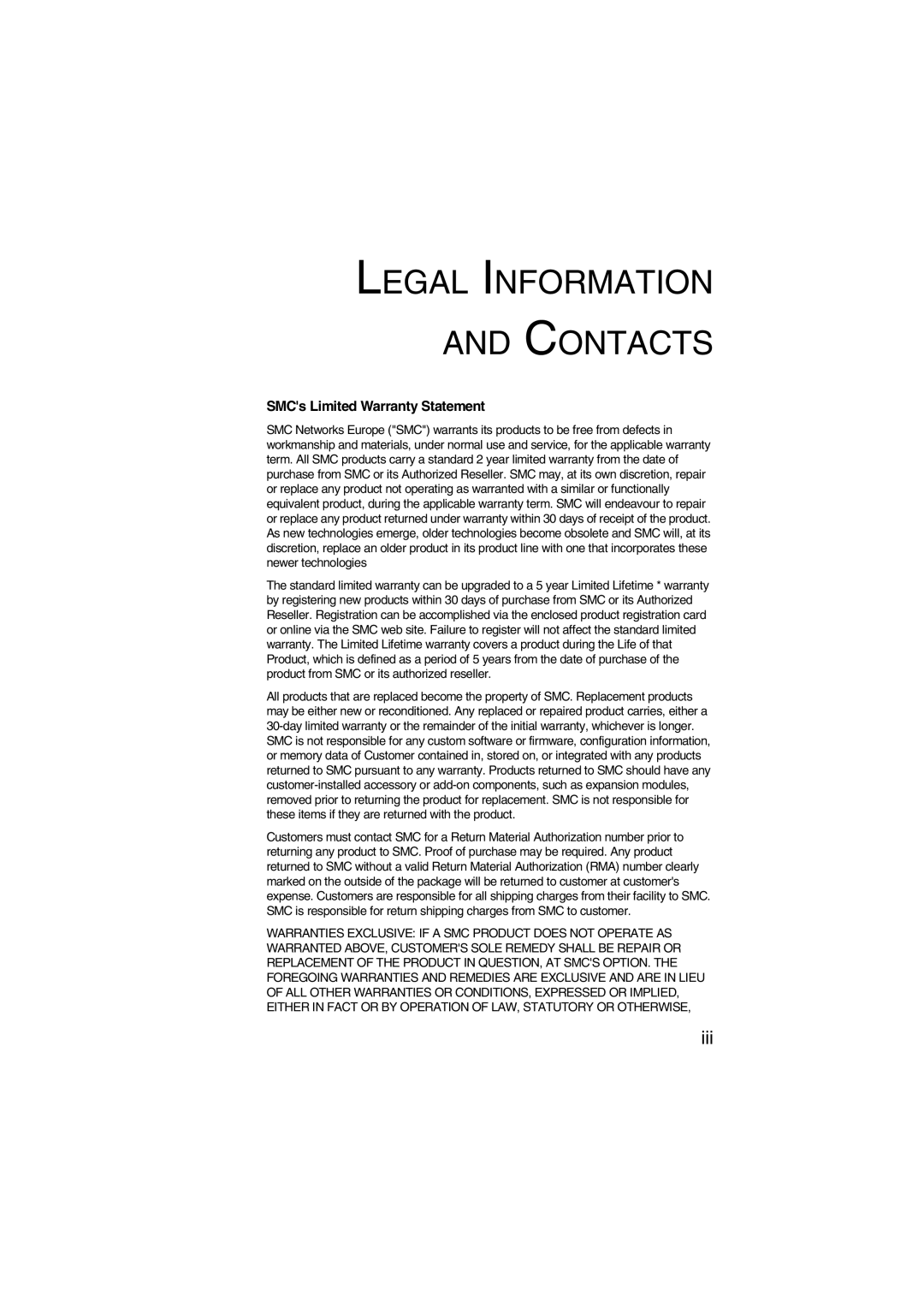 SMC Networks SMC7004VWBR V.2 manual Legal Information Contacts 