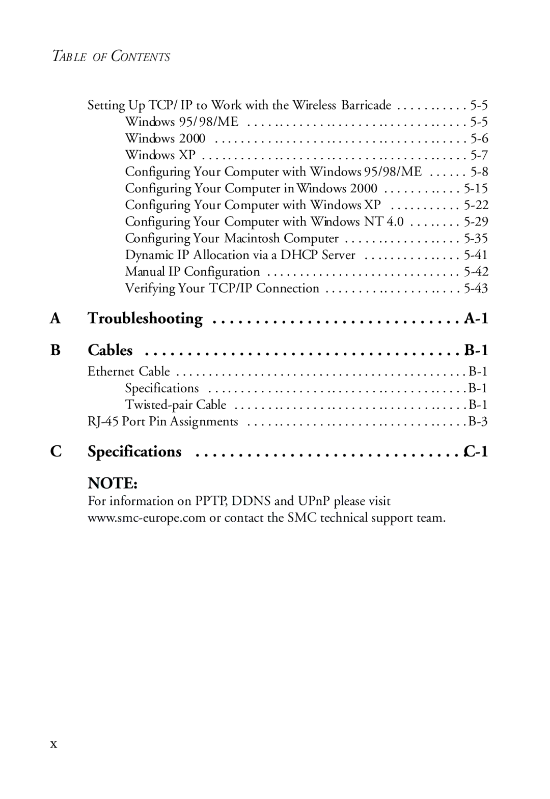 SMC Networks SMC7004VWBR manual TAB LE of Contents 