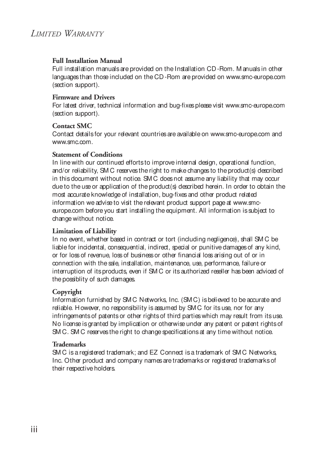 SMC Networks SMC7004VWBR manual Iii 