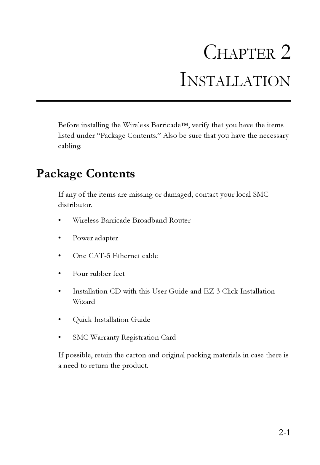 SMC Networks SMC7004VWBR manual Chapter Installation, Package Contents 