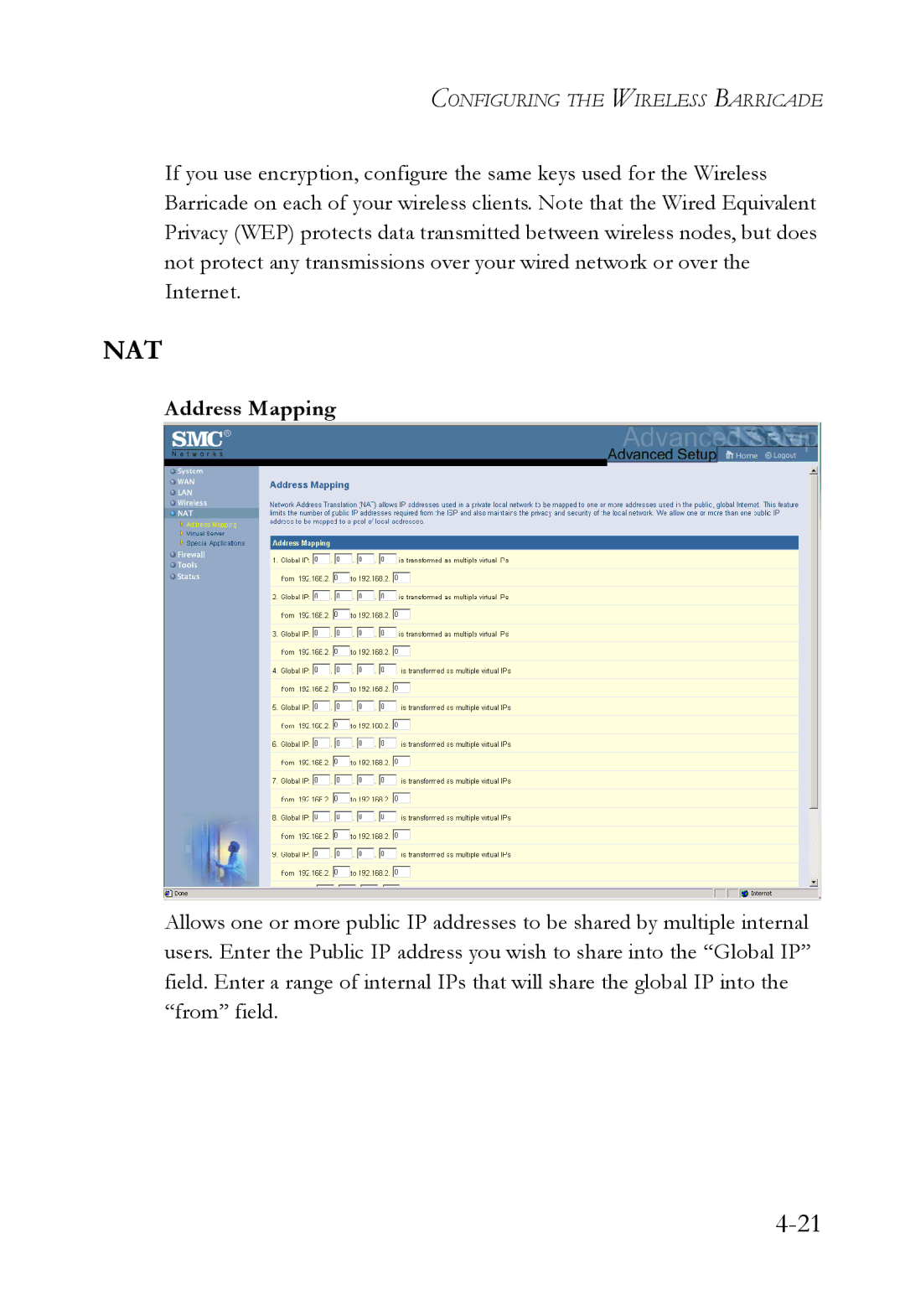 SMC Networks SMC7004VWBR manual Nat, Address Mapping 