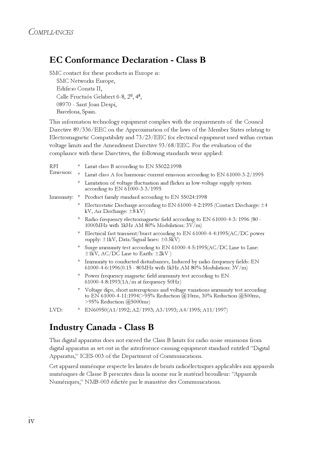 SMC Networks SMC7004VWBR manual EC Conformance Declaration Class B, Industry Canada Class B 