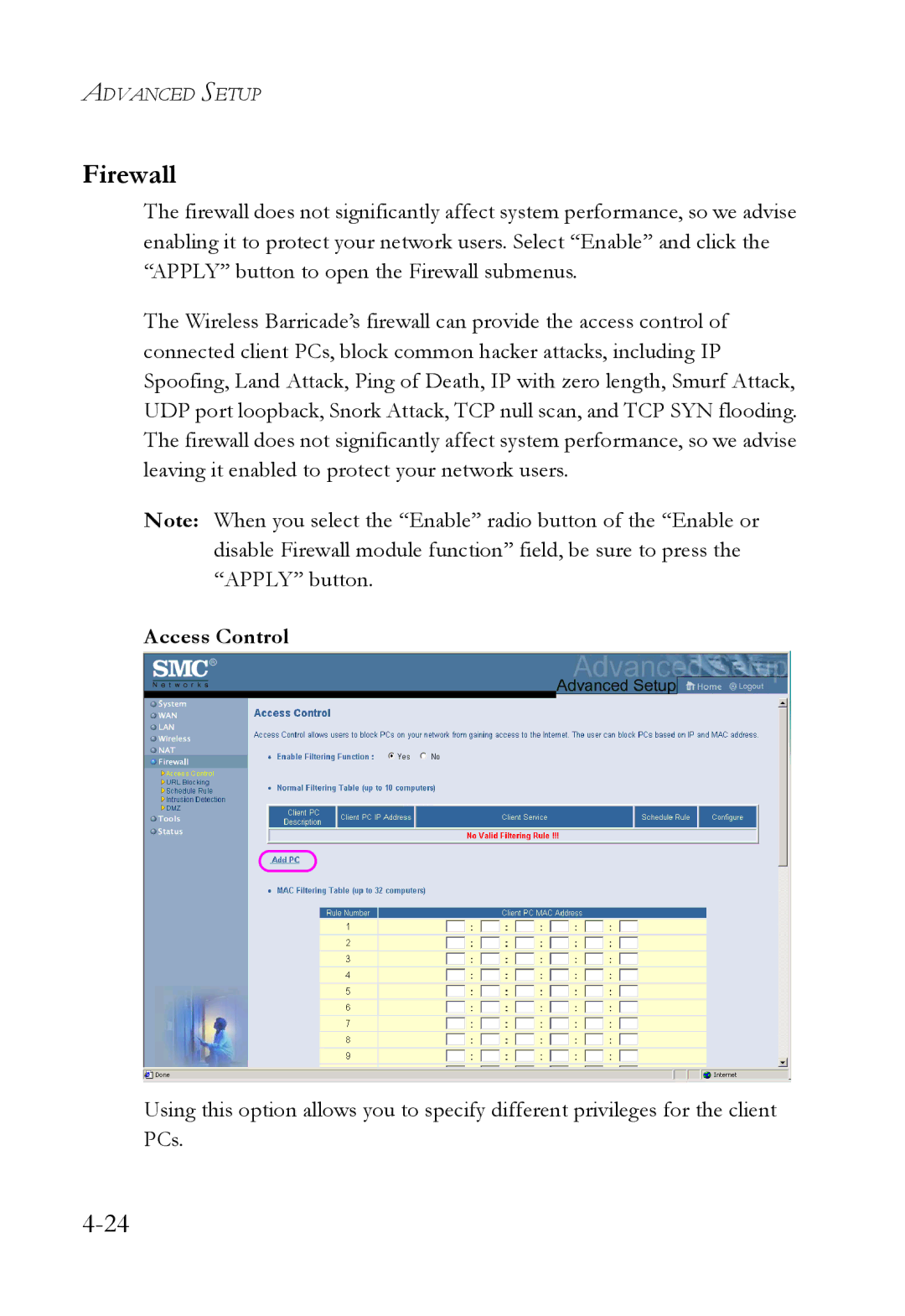 SMC Networks SMC7004VWBR manual Firewall, Access Control 