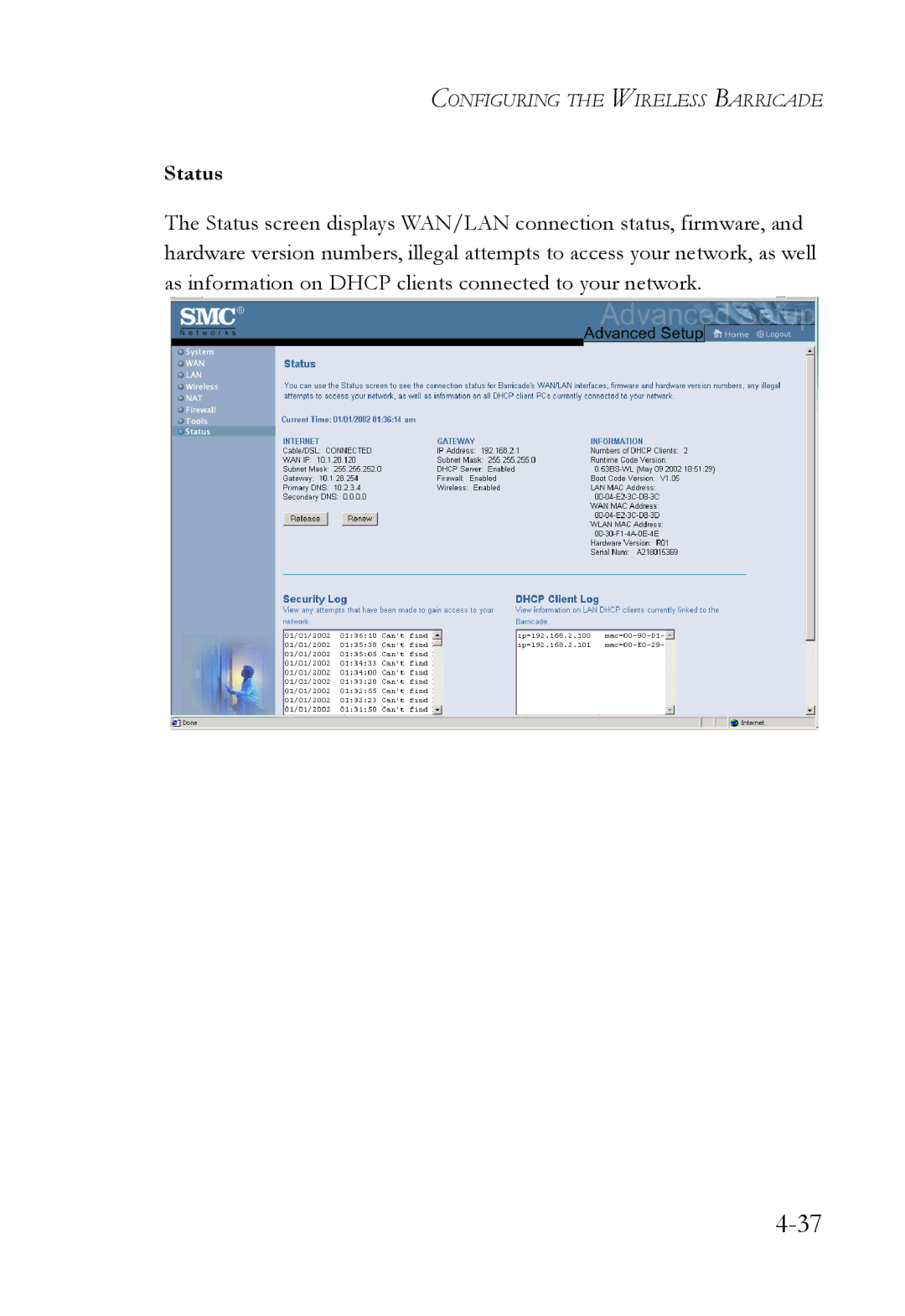 SMC Networks SMC7004VWBR manual Status 