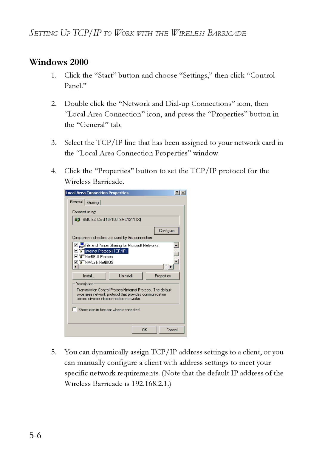 SMC Networks SMC7004VWBR manual Setting UP TCP/IP to Work with the Wireless Barricade 