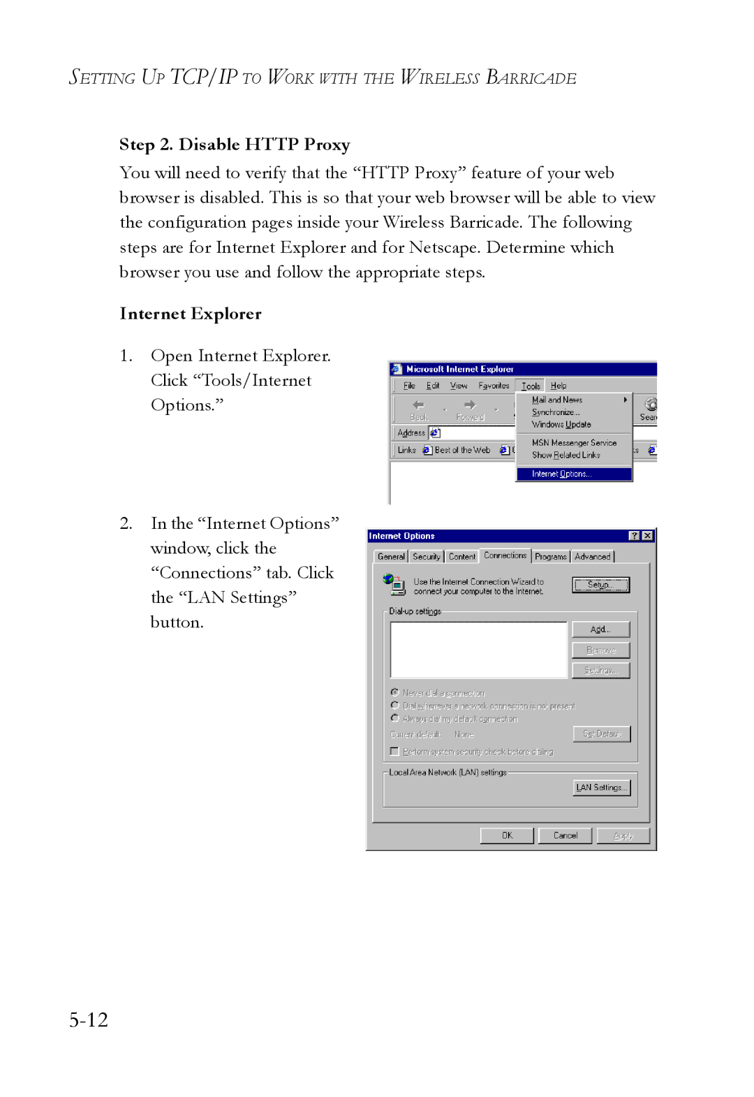 SMC Networks SMC7004VWBR manual Disable Http Proxy, Internet Explorer 