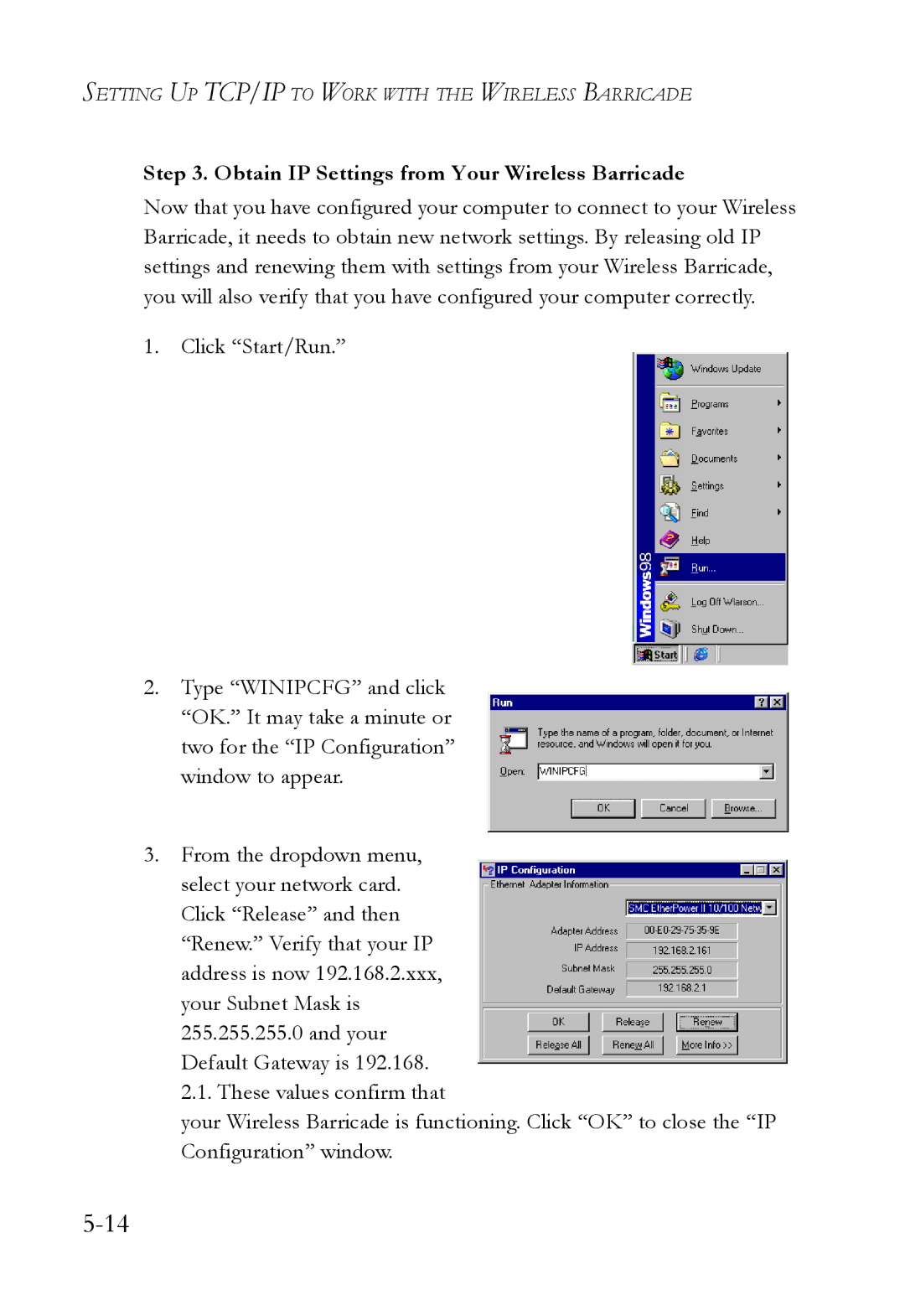 SMC Networks SMC7004VWBR manual Obtain IP Settings from Your Wireless Barricade 