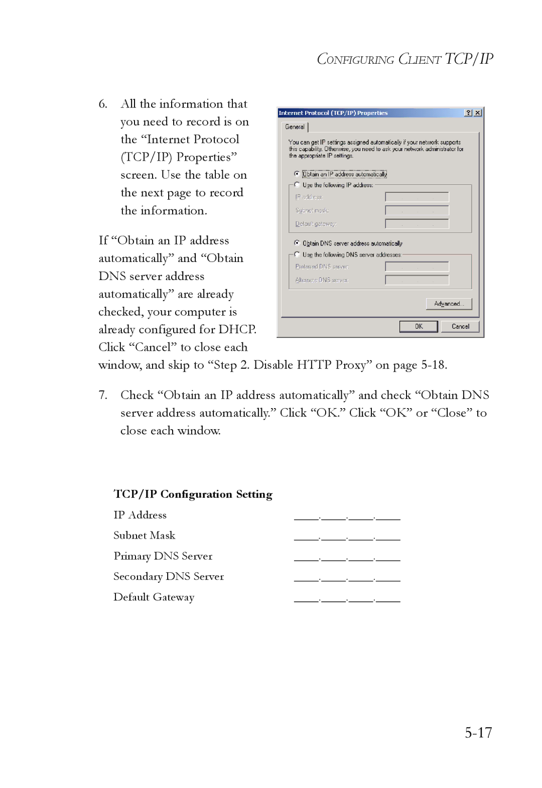 SMC Networks SMC7004VWBR manual TCP/IP Configuration Setting 