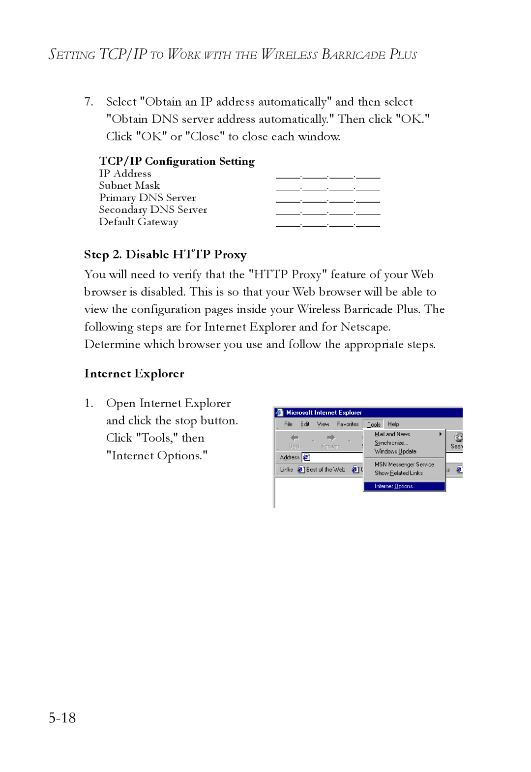 SMC Networks SMC7004WFW manual Disable Http Proxy 