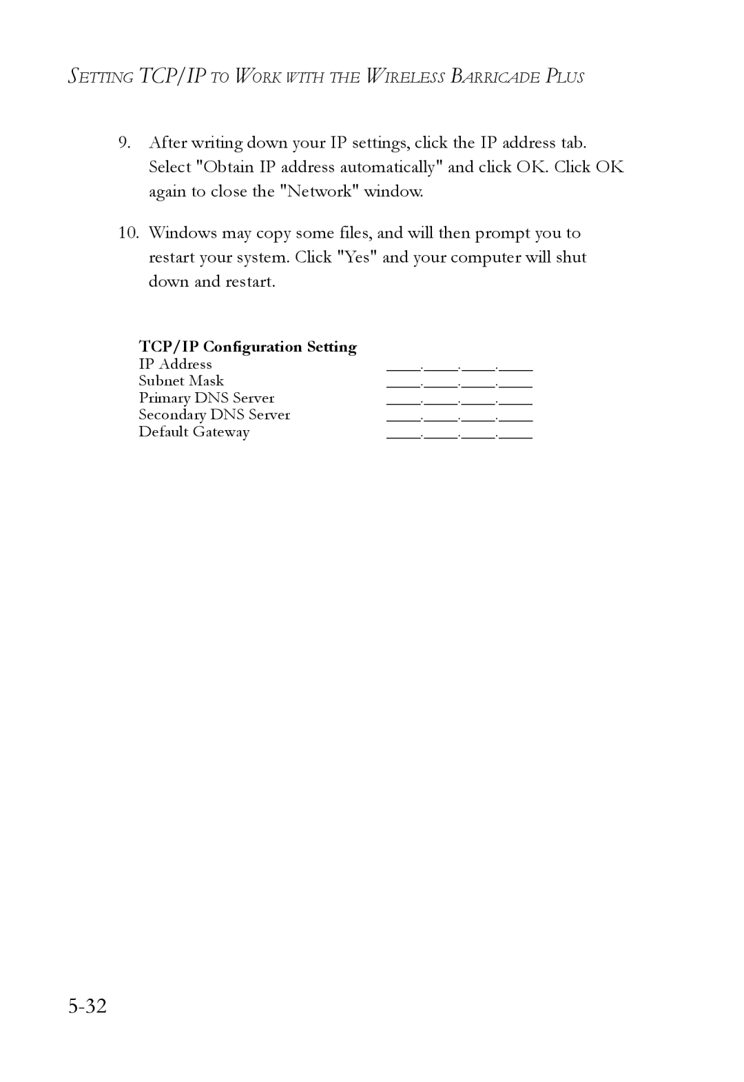 SMC Networks SMC7004WFW manual TCP/IP Configuration Setting 