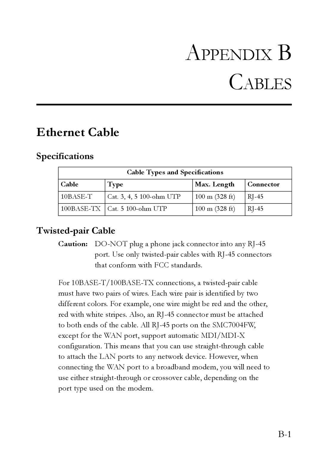 SMC Networks SMC7004WFW manual Ethernet Cable, Specifications, Twisted-pair Cable 