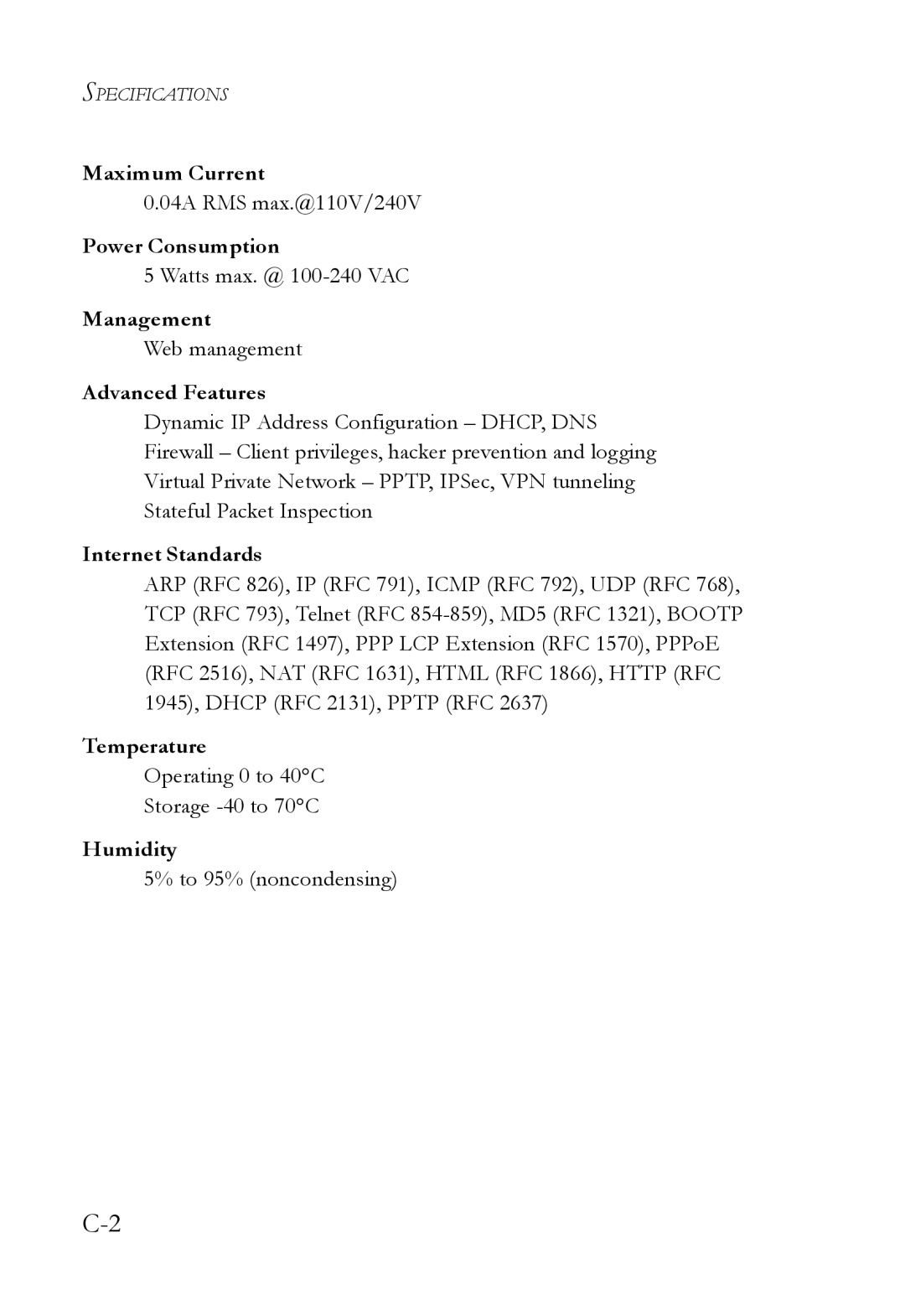 SMC Networks SMC7004WFW Maximum Current, Power Consumption, Management, Advanced Features, Internet Standards, Temperature 