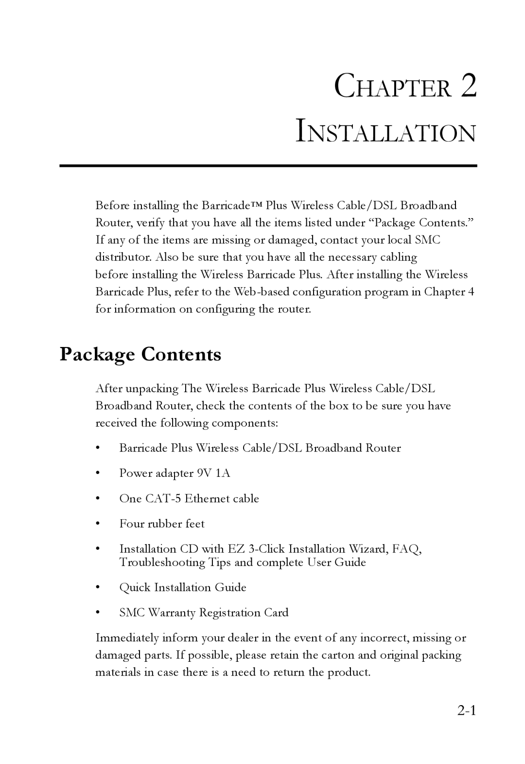 SMC Networks SMC7004WFW manual Chapter Installation, Package Contents 