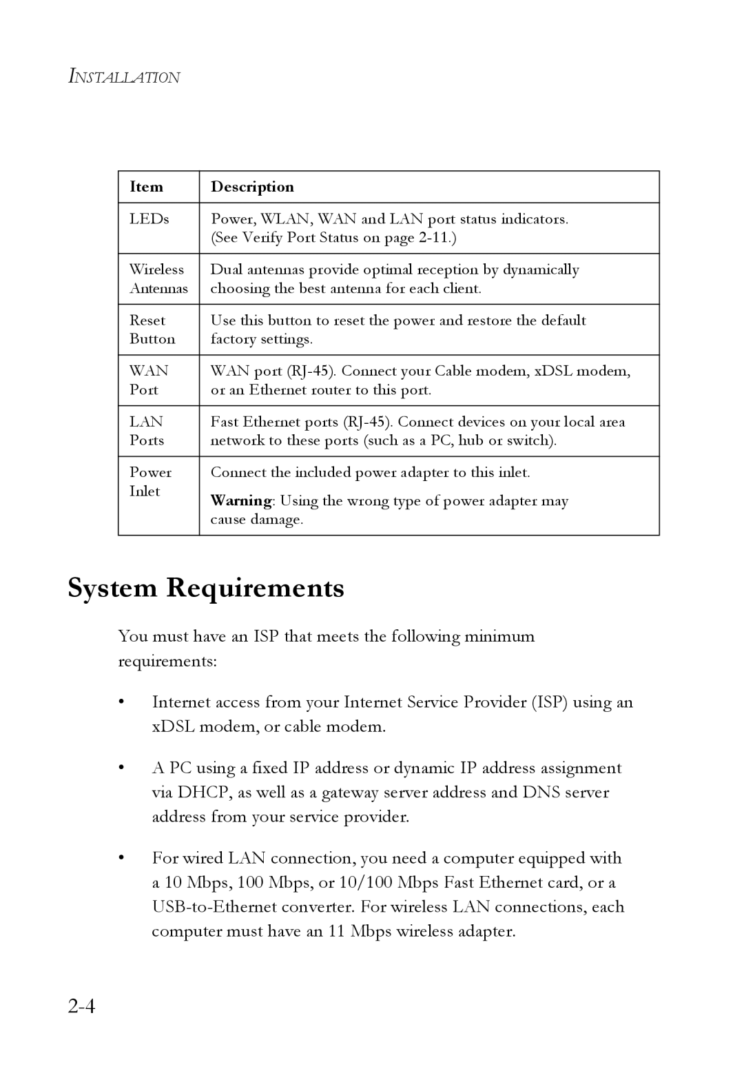 SMC Networks SMC7004WFW manual System Requirements, Description 